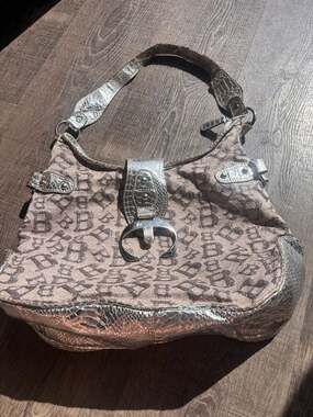 Vintage Y2K Monogram Shoulder Bag with Snakeskin-Embossed Trim